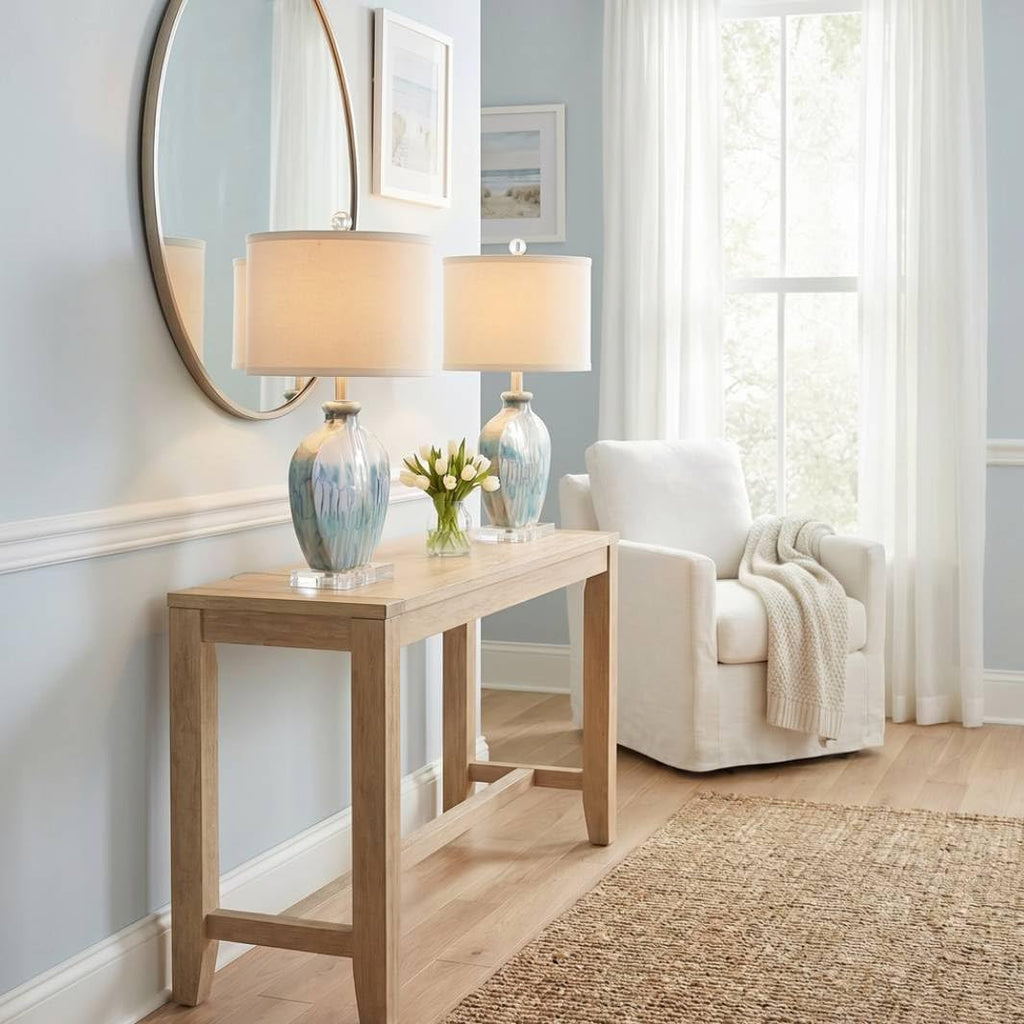 Possini Euro Design Mia 25' High Mid Century Modern Coastal Table Lamp Blue Drip Ceramic Single Off-White Shade Living Room Bedroom Bedside Nightstand House Office Home Kitchen (Colors May Vary)