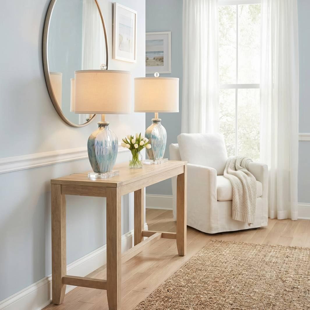 Possini Euro Design Mia 25' High Mid Century Modern Coastal Table Lamp Blue Drip Ceramic Single Off-White Shade Living Room Bedroom Bedside Nightstand House Office Home Kitchen (Colors May Vary)