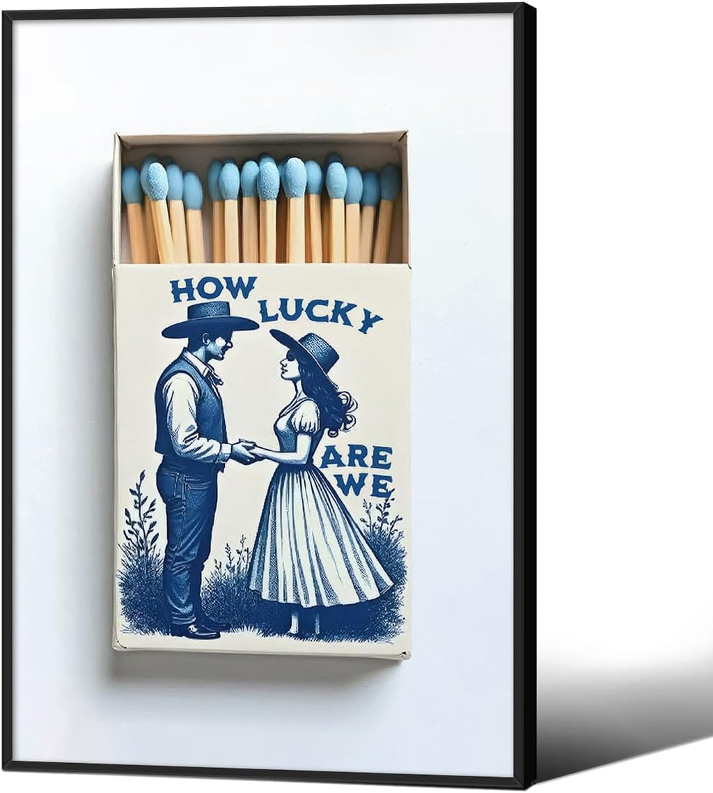 How Lucky Are We Wall Art Blue Matchbooks Poster 24x36 inch Black Framed Preppy Coastal Cowgirl Prints Romantic Valentines Day Decorations Living Room Bedroom Wall Decor