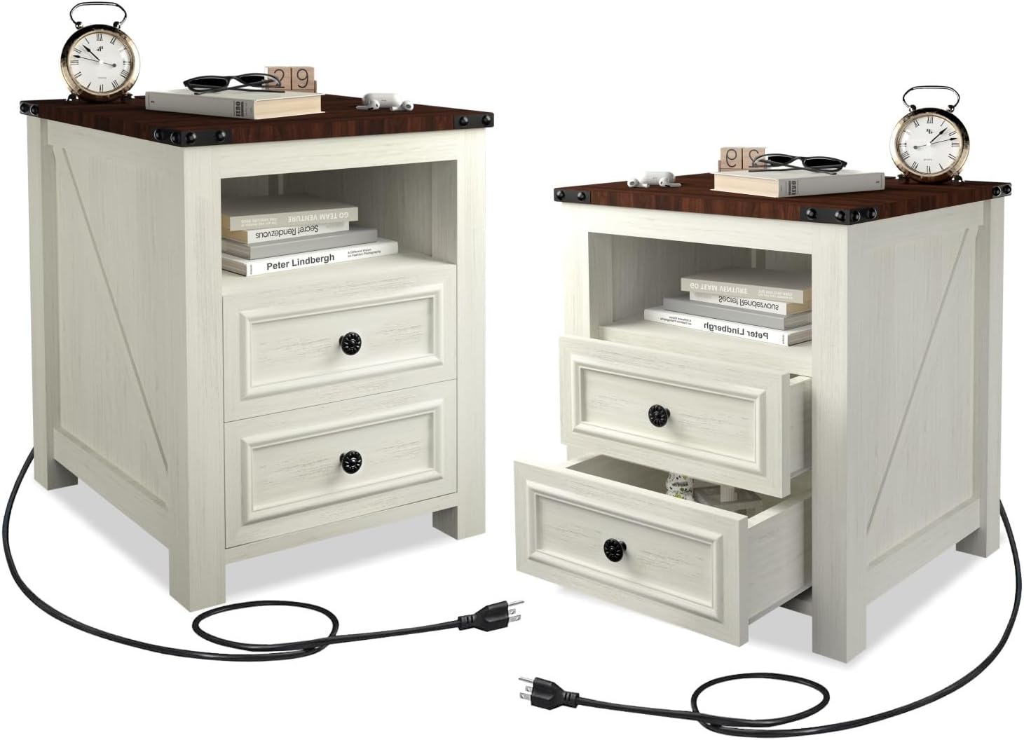 MUUEGM Farmhouse End Table with Charging Station, Side Table for Living Room, Sofa Side Table with Drawers and Storage Cabinet, Night Stand for Bedroom, White, Set of 2