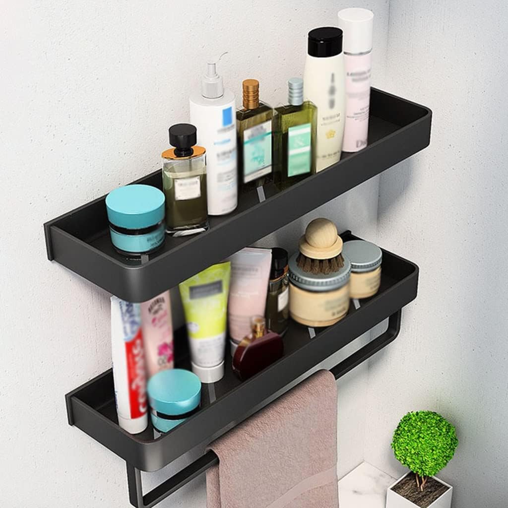 Multifunctional Shower Caddy Floating Shelves Bathroom Shelf Aluminum Black Shower Gel Corner Shelf Punch-Free Cosmetics Organizer Shelf Wall Mounted Kitchen with Towel Bar/50Cm (40cm)
