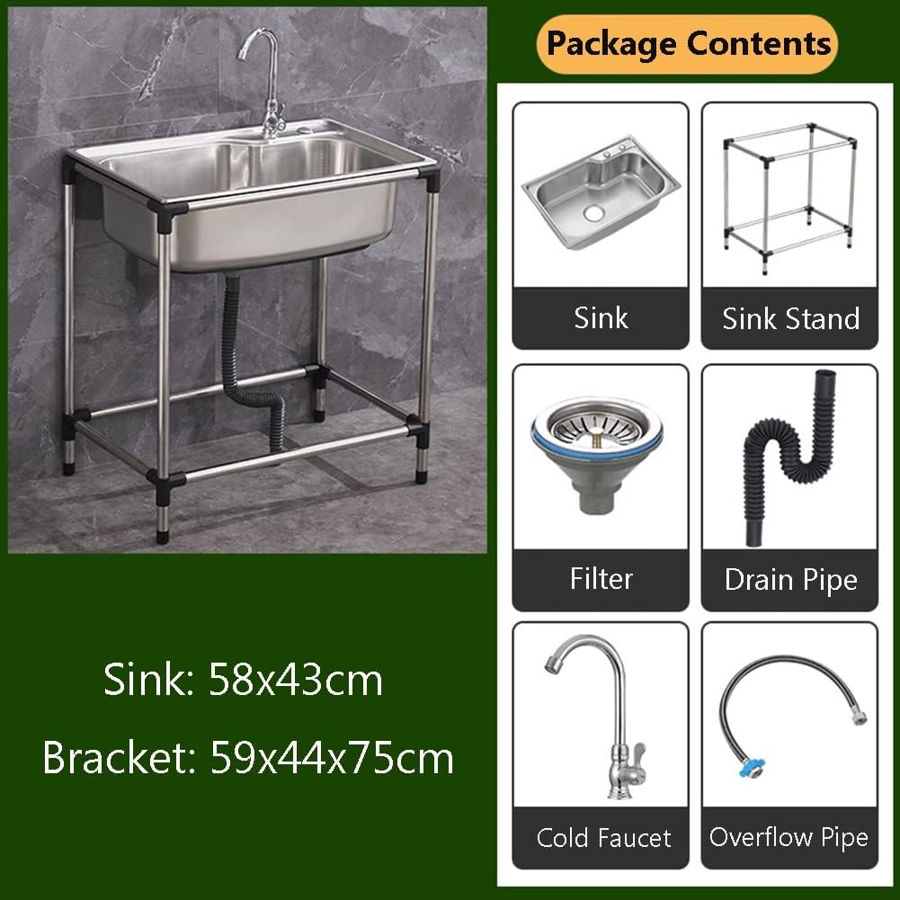 Free Standing Stainless Steel Single Bowl Sink with Faucet, Prep & Utility Washing Hand Basin W/Storage Shelves (Restaurant, Kitchen, Laundry, Garage) (Color : Silver, Size : 68x44cm) (Silver 58x