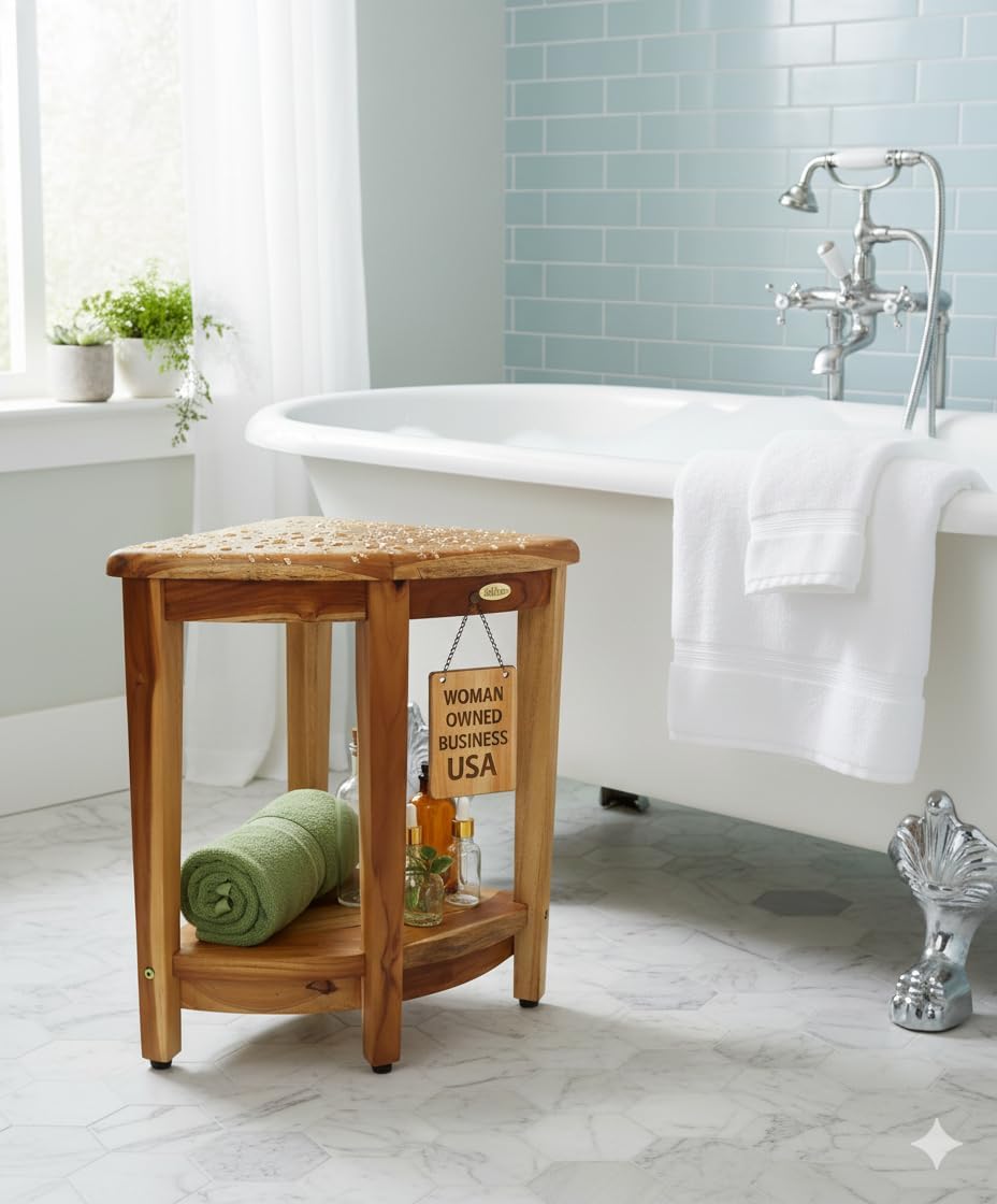 EcoDecors 24' Extended Height Snazzy Corner Natural Color Waterproof Teak Wood Shower Bench Stool Seat Chair for Inside Shower Storage Shelf Provides Safety and Storage for Bathroom Accessories