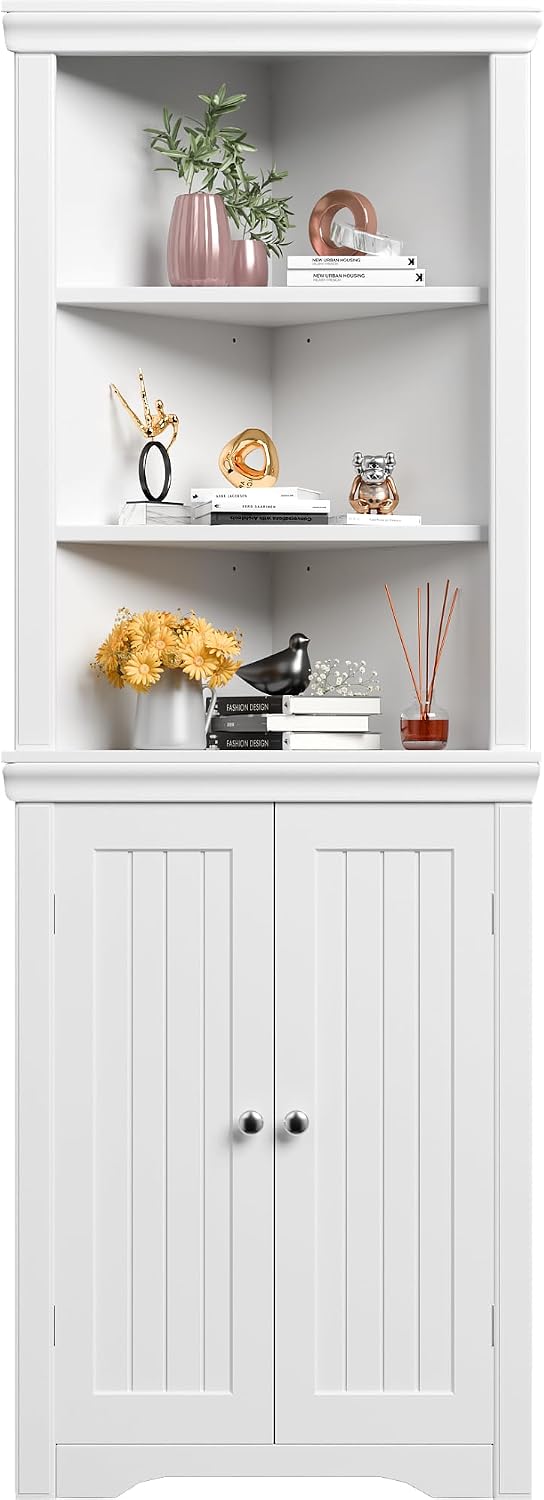 Furmax 62' Corner Cabinet, Bathroom Storage Cabinet with 6 Adjustable Shelves & 2 Doors, Freestanding Corner Shelf for Living Room, Bathroom, Kitchen (White)