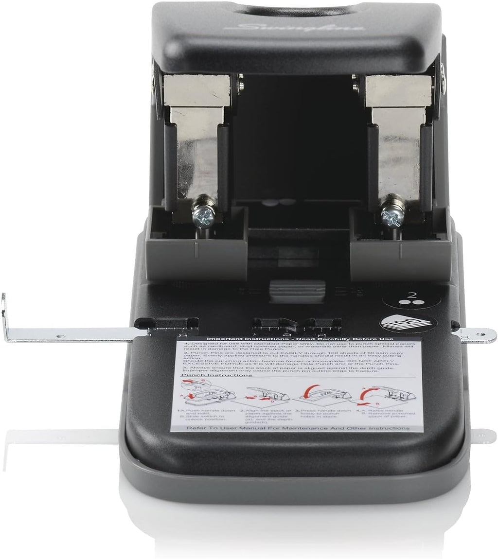 Swingline 2 Hole Punch, Hole Puncher, High Capacity, 100 Sheet Punch Capacity, Fixed Centers, Black (74190)