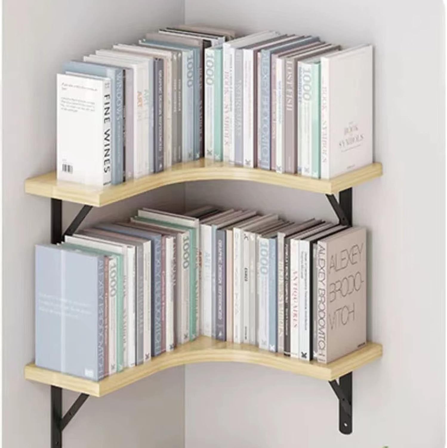 Floating Corner Bookshelf Wall Mounted Wood Shelf for Bedroom Living Room Office Bathroom Light Walnut 2 Tier Display Shelves