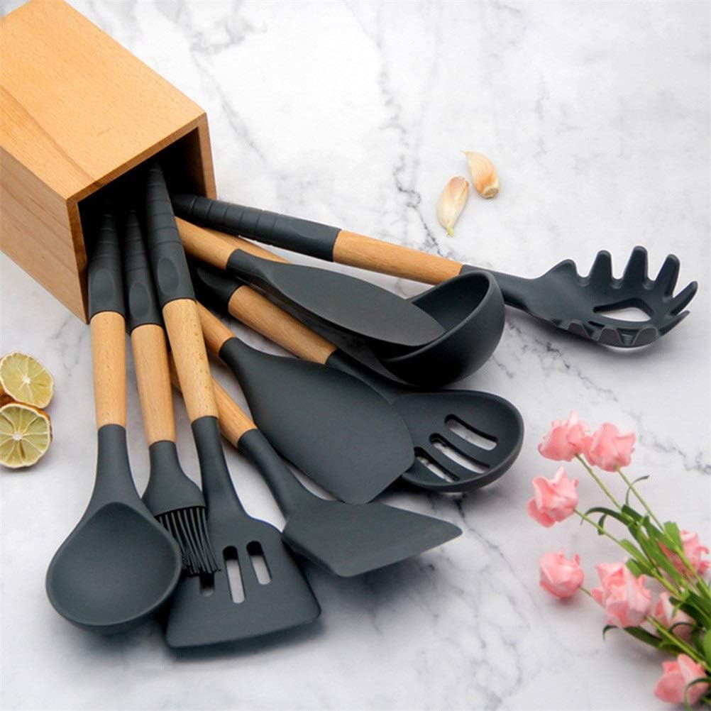 Kitchen Utensils Set,Silicone Wood Soup Spoon Spatula Brush Scraper Black Kitchen Cooking Tools Kitchenware Kitchen Utensil Storage Box (Color : 6PCS) (Color : 6pcs)