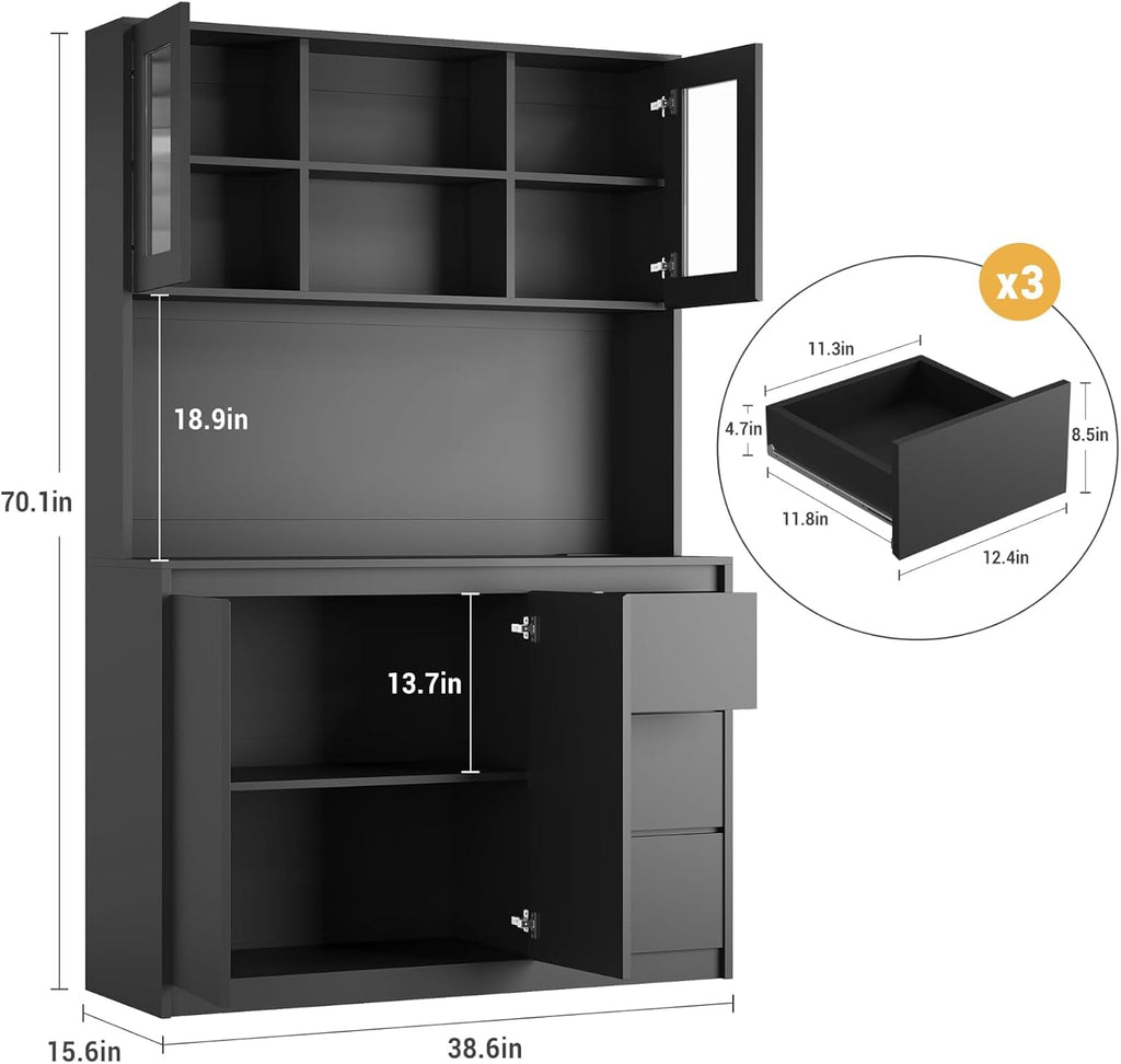 71' Kitchen Pantry Cabinet,Tall Storage Cabinet with Doors & Shelves Adjustable, Kitchen Storage Hutch with Microwave Shelf,Coffee Bar,Led Lights&Charging Station,Corner Pantry Cabinet for Living Room