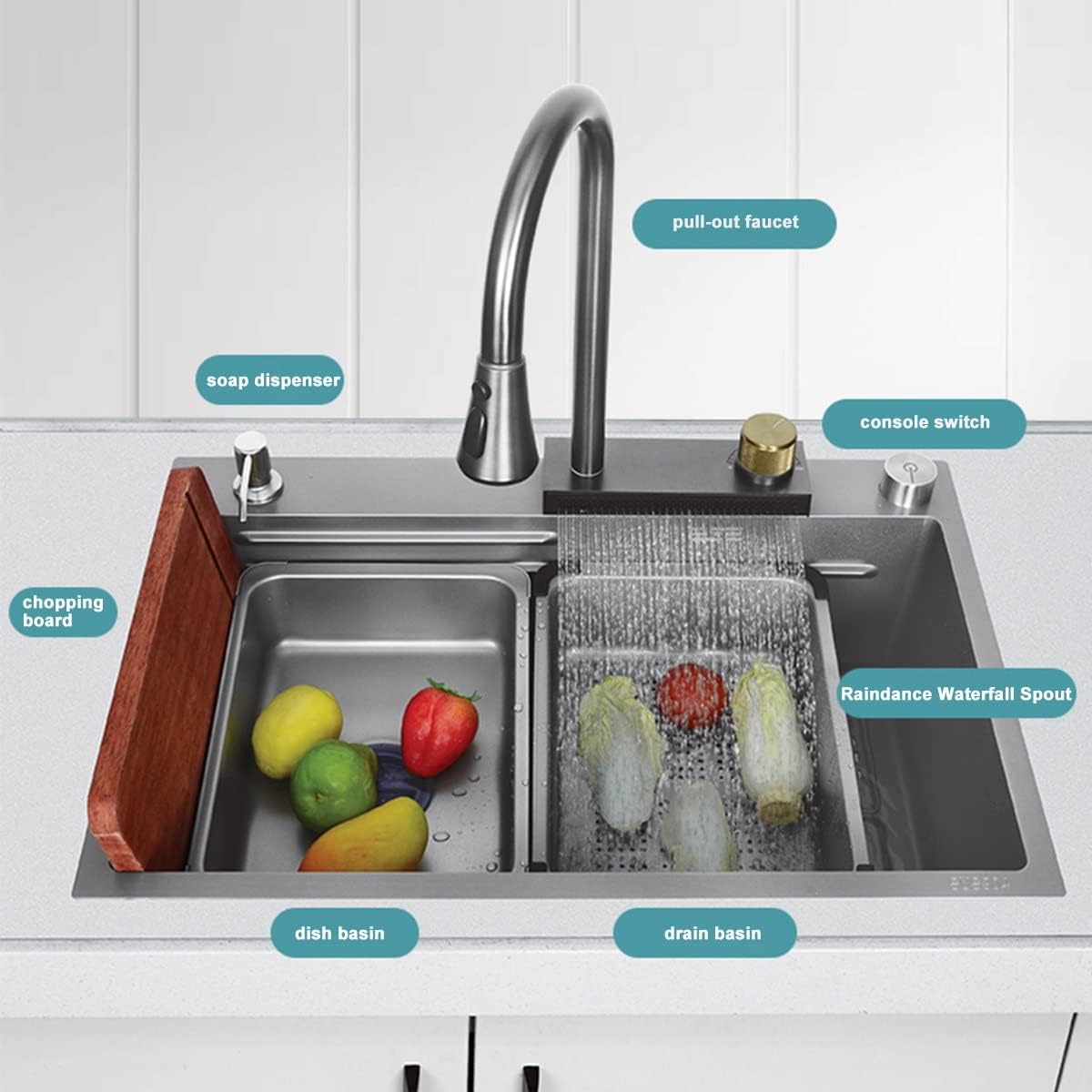 Kitchen Sinks Grey Stainless Steel Sink Large Sink with Waterfall Faucet Single Bowl Sink with All Accessories (
