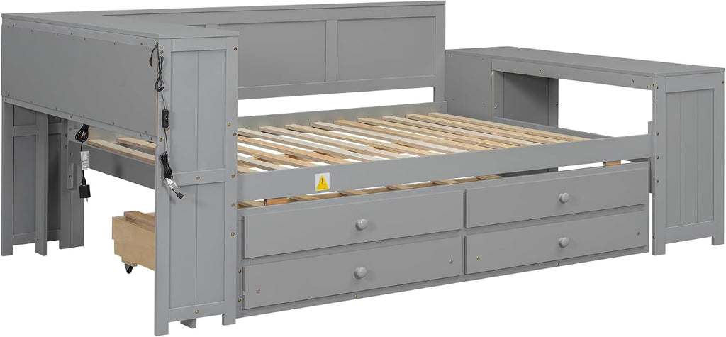 Bellemave Full Corner Bed Frame, Twin Size Captain beds with Storage Cabinets and Desk, Wood Daybed with Bookcase Trundle and Drawers, Gray