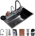Stainless Steel Kitchen Waterfall Sink with LED Display -Coated Workstation Sink with Pull-Out Faucet and Cup Washer Household Single Bowl Sink with Accessories (Size : 80x46x22cm)