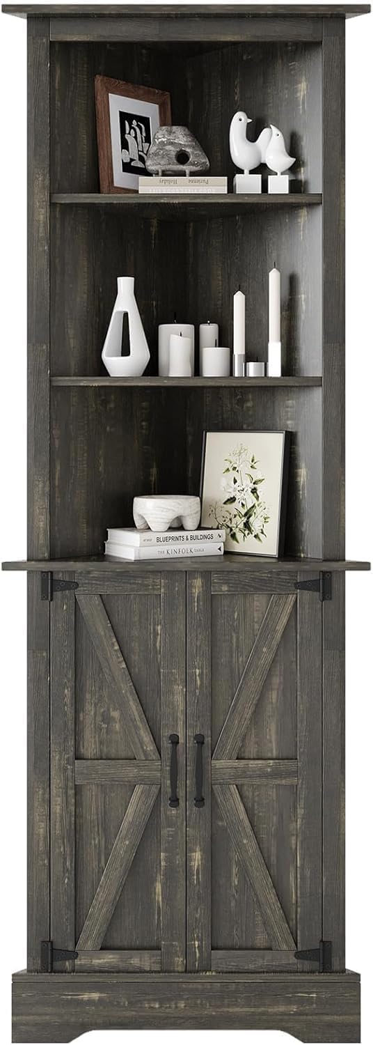 4 EVER WINNER Farmhouse Corner Cabinet, 68' Tall Corner Cabinet with 5-Tier Adjustable Shelves and Barn Doors for Small Spaces, Living Room, Dining Room, Hallway, Bathroom, Kitchen, Rustic Oak