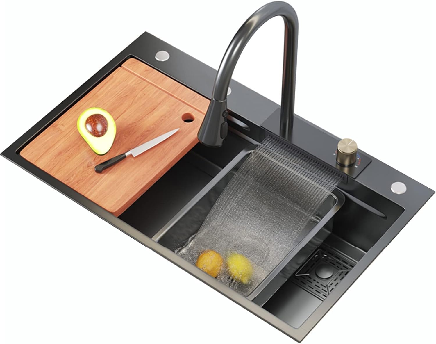 304 Stainless Steel Kitchen Waterfall Sink Multi-function Single Bowl Bar Sink Rv Sink With Faucet And Drainage Components Drop In Or Under Mount ( Color : Black , Size : 75x46x23.5cm ) (Black 75