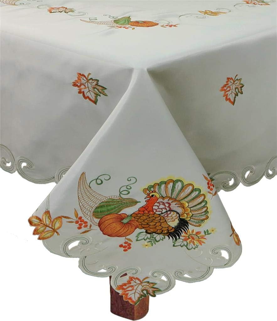 Creative Linens Fall Harvest Thanksgiving Tablecloth 70x140 Rectangular with 12 Napkins, Embroidered Turkey Pumpkin Maple Leaf Table Linen for Holiday Decoration, Ivory
