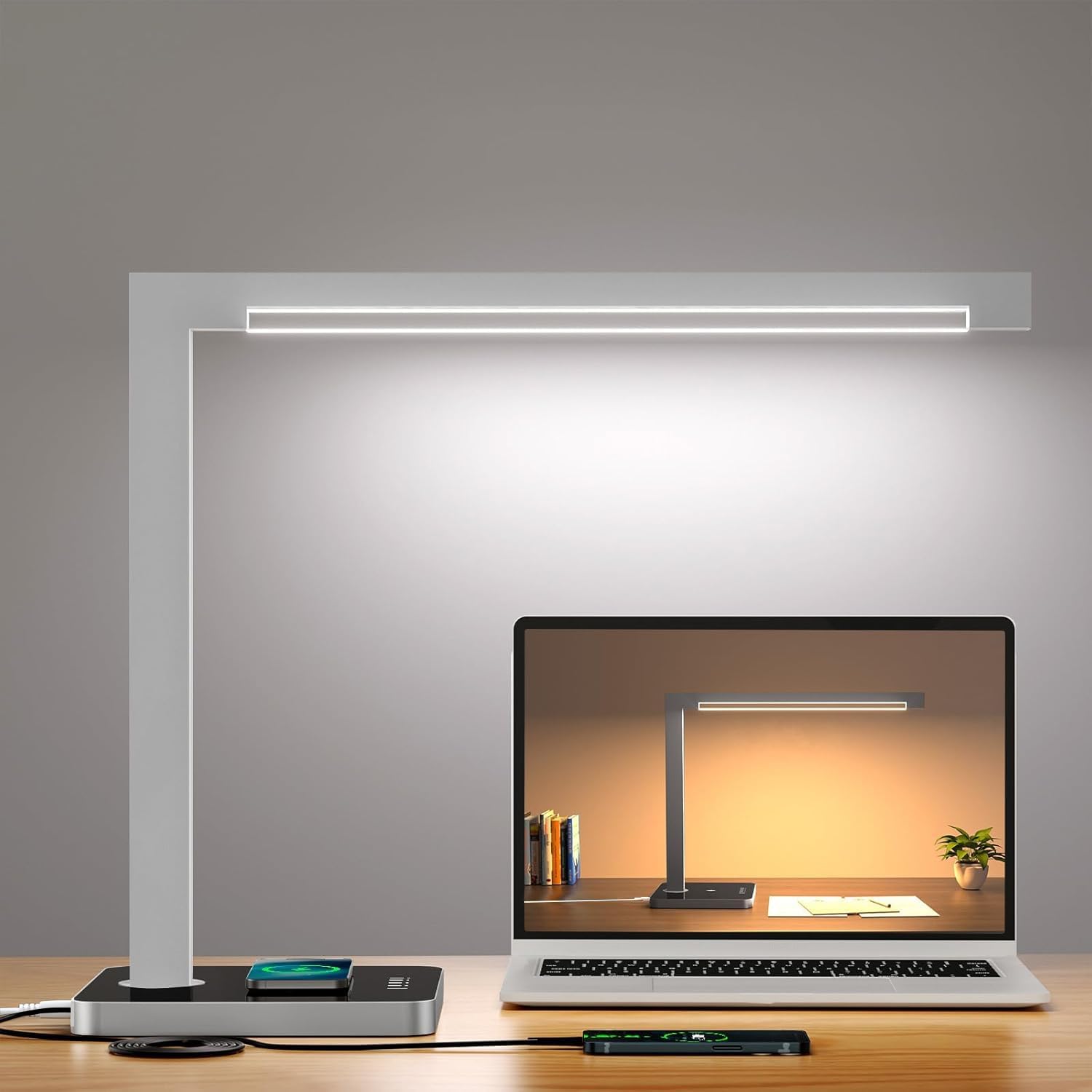 Aluminum LED Desk Lamp with Charging Station, 15W Table Lamp with Type-C Ports & 4 Color Temperature Modes(3000K-6000K), Dimmable Reading Light for Home Office,Bedroom (Includes Adapter)