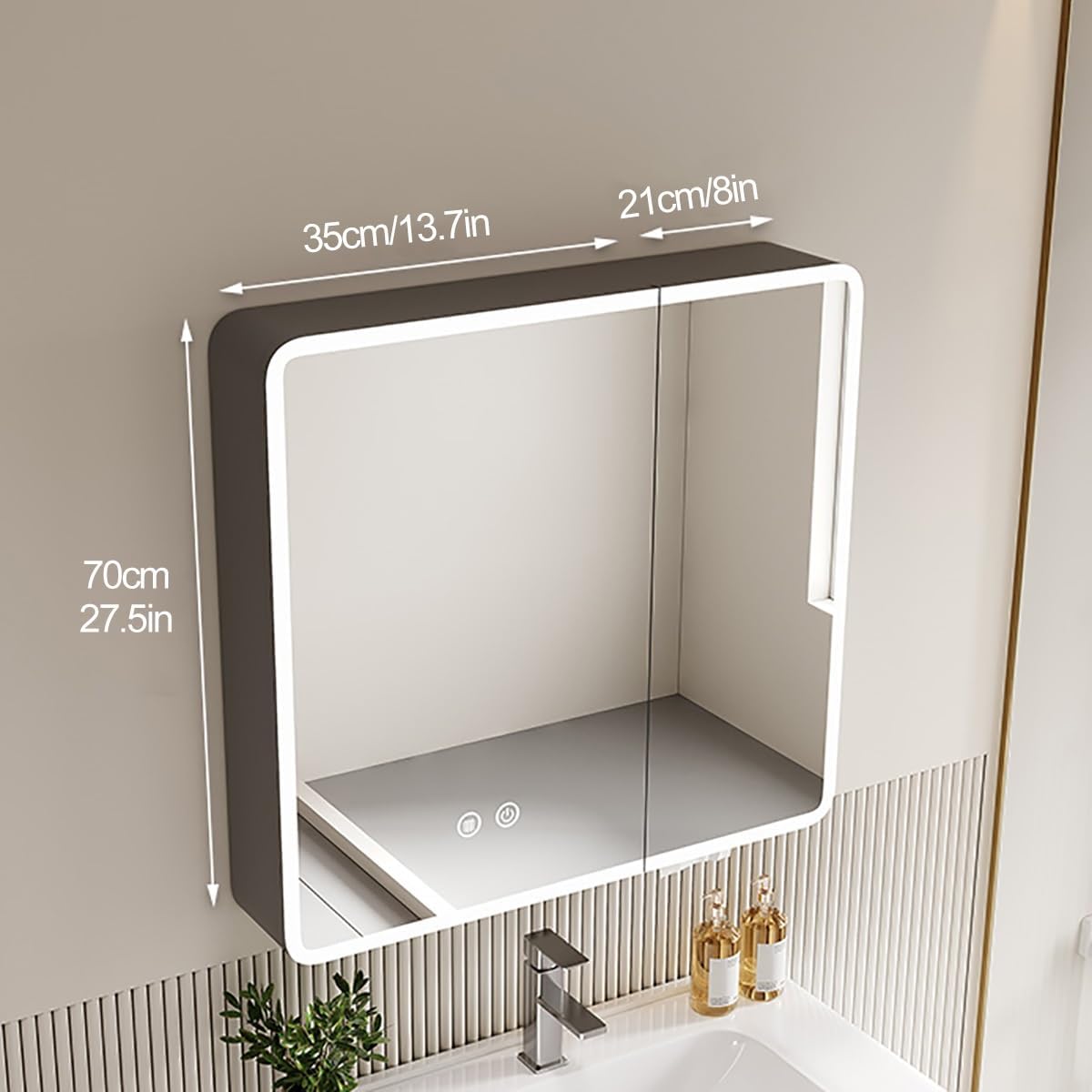 Rounded Corner Medicine Cabinet with LED Lights, Anti-Fog Bathroom Mirror Storage Shelf, Wall-Mounted Vanity Mirror for Bathroom, Stylish & Functional Design,Beige,56cm/22in
