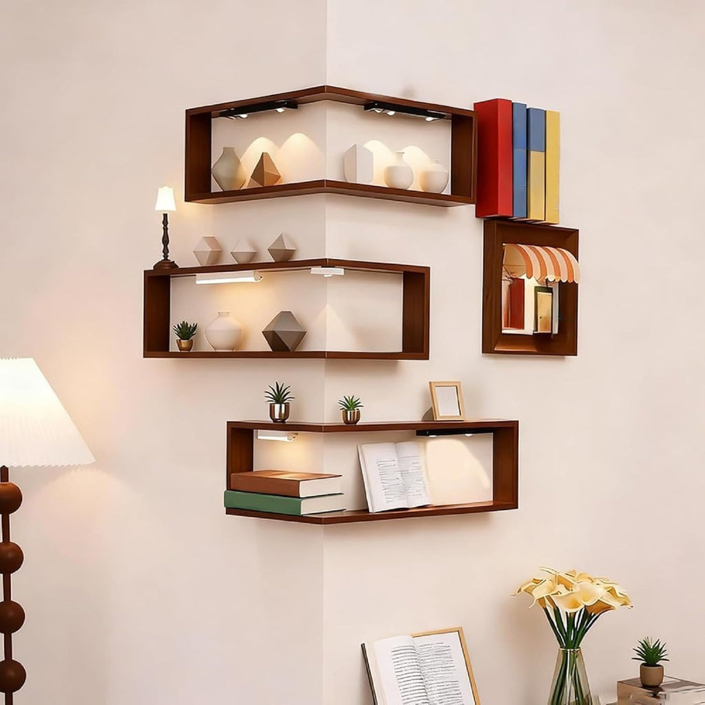 Smart Corner Shelves That Light Up Your Space, Floating Shelves with Led Lights, Floating Shelf with Light, Wooden Corner Shelves, with Lamp & Display Rack, for Display & Decor (Without Lights-3PCS)