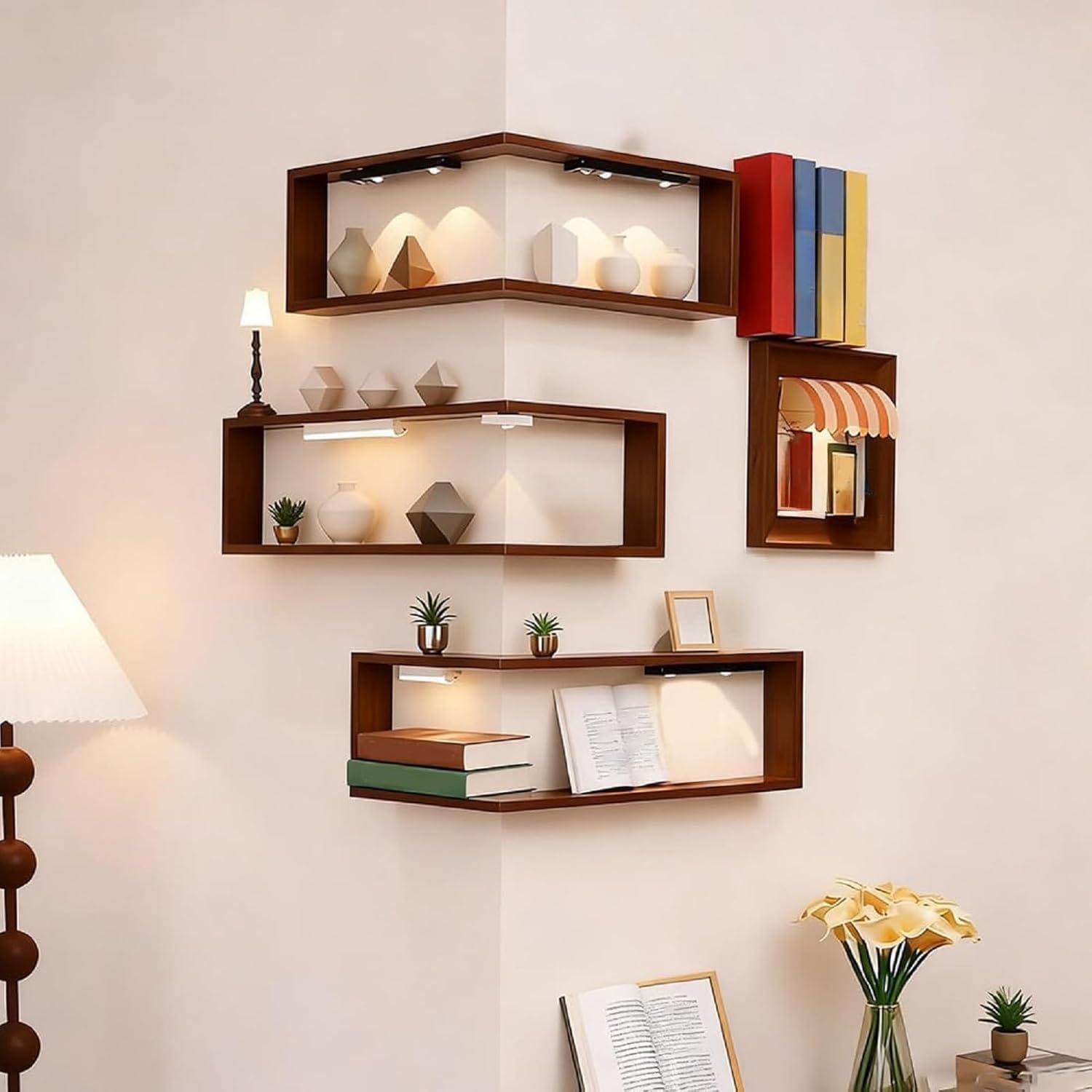 Smart Corner Shelves That Light Up Your Space, Floating Shelves with Led Lights, Floating Shelf with Light, Wooden Corner Shelves, with Lamp & Display Rack, for Display & Decor (Without Lights-3PCS)