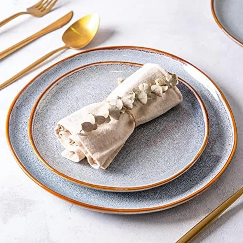 Handmade Reactive Glaze Stoneware Plates Dinnerware Dish Set Ceramic Dinner of 6