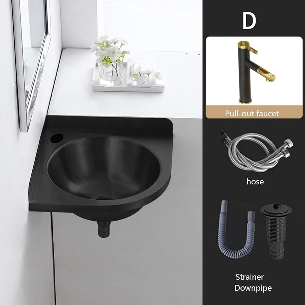 Single Bowl Sink, Stainless Steel Wall Mounted Wash Basin, Kitchen Sink Basin Small Sink Corner for Washing Food Prep, with Faucet Inlet Pipe (Color : Black, Size : C(32x32x45cm)) (Black A(32x32x