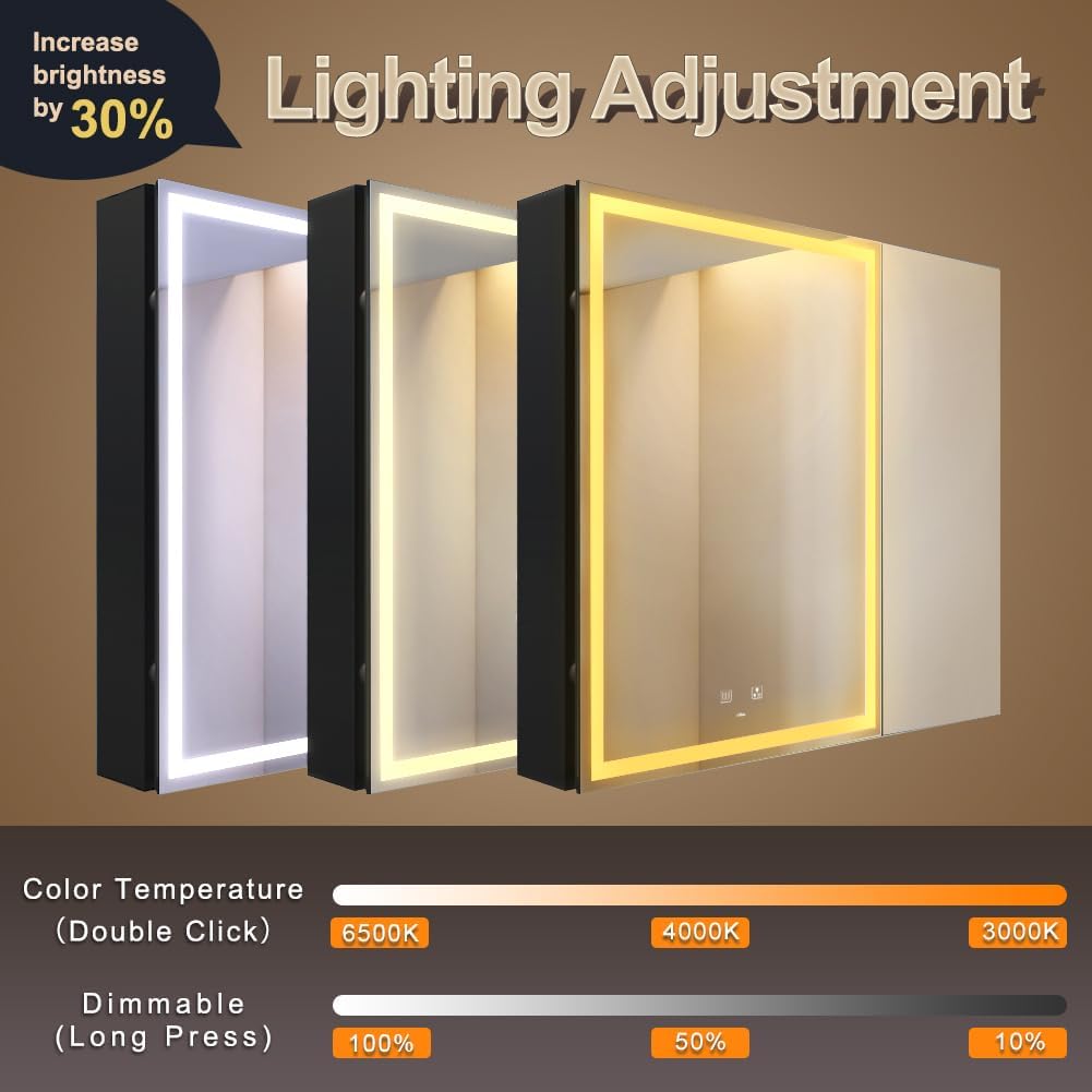 KWW LED Lighted Bathroom Medicine Cabinet with Sockets & USBs, Defogger, Dimmable, 3 Color Light Makeup Mirror, Easy to Install, Wall Mounted Cabinet (2 Door-30 * 28)