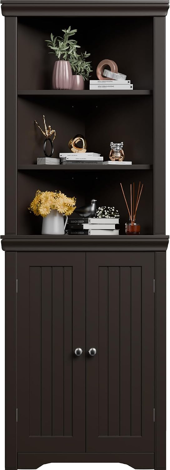 Furmax 62' Corner Cabinet, Bathroom Storage Cabinet with 6 Adjustable Shelves & 2 Doors, Freestanding Corner Shelf for Living Room, Bathroom, Kitchen (Brown)