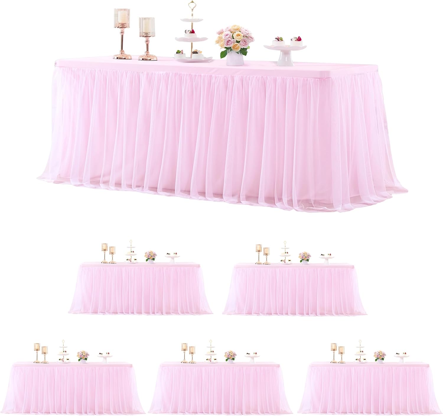 Suppromo 6 Pack 6ft Pink Tulle Tablecloths for Rectangle Tables 72 x 30 Inch Pink Rectangular Table Cloth, Wrinkle Free Table Cover with Tutu Skirt for Baby Shower Birthday Party Banquet Buffet Cake