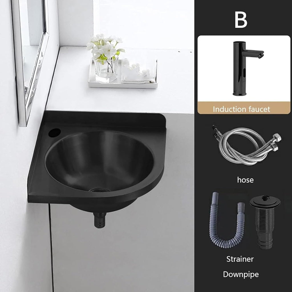 Single Bowl Sink, Stainless Steel Wall Mounted Wash Basin, Kitchen Sink Basin Small Sink Corner for Washing Food Prep, with Faucet Inlet Pipe (Color : Black, Size : C(32x32x45cm)) (Black D(32x32x