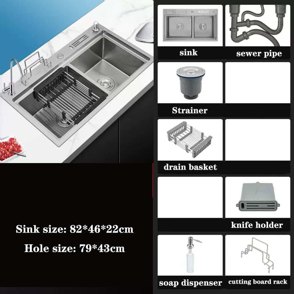 Single Bowl Stainless Steel Sink Large Capacity Double Bowl Sink Bare Tank Household Kitchen Sink Washidishes Sink (82 * 46 * 22Cm