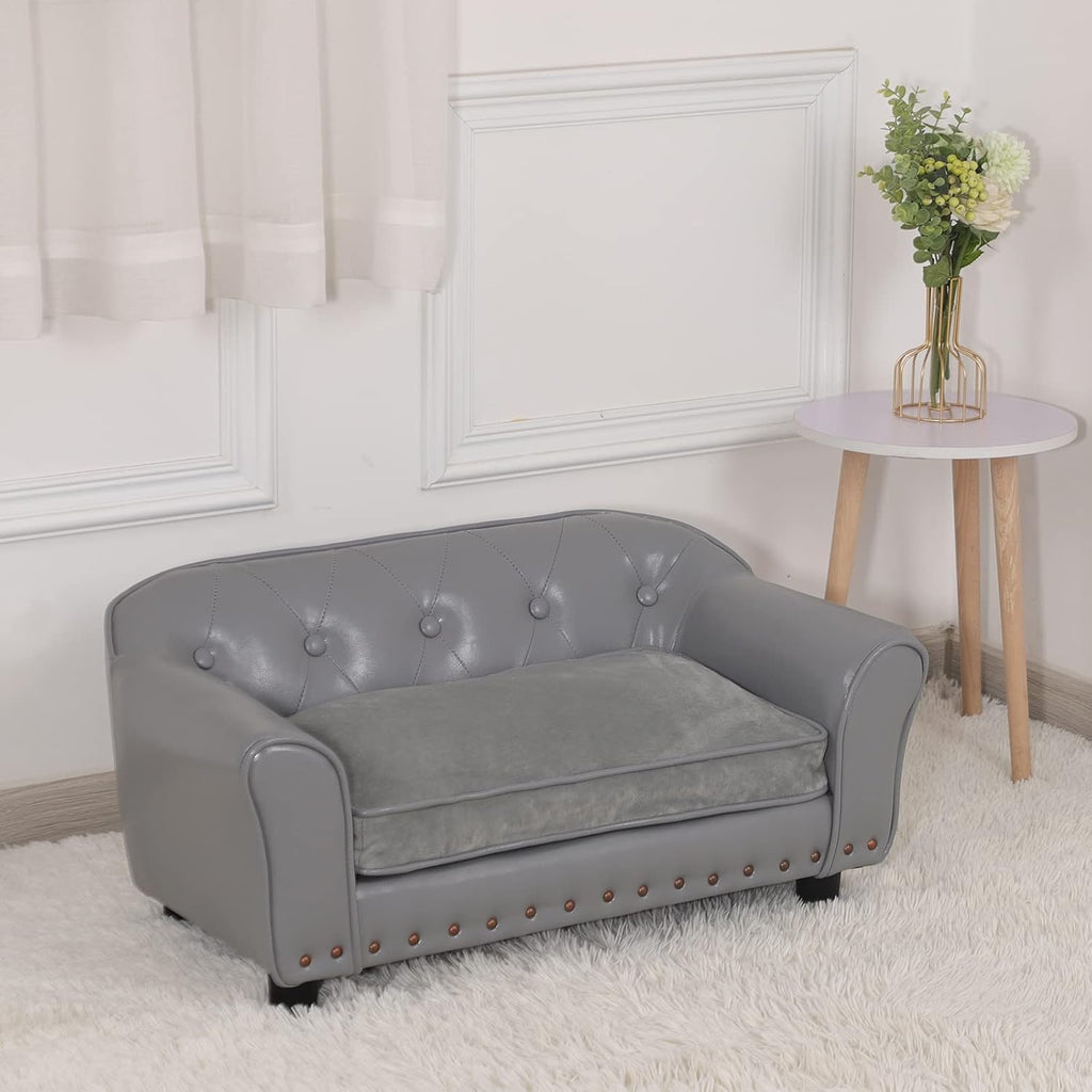 Dog Couch,Puppy Bed,Cat Sofa,Cat Couch,Pet Sofa,Dog Chair,Small Pet Bed,with Copper Nail and Wooden Frame, Leather Fabric and Cushion,for Small Animals Using (Grey)