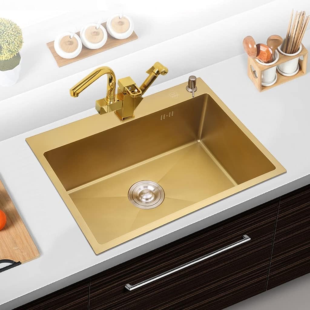 KITCHEN SINK Gold Single Bowl Sink Drop-in Or Undermount with Multi-functional Pull-Out Faucet and Installation Kit Suitable for Kitchen Or Bar (Color : Gold, Size : 45×40×21cm) (Gold 45×40×21cm)