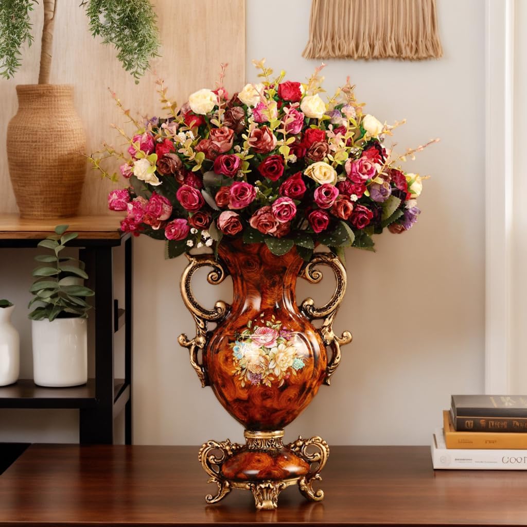 Artificial Flowers in Vase - Vintage Home Decor with Floral Arrangement, Luxury Indoor Table Centerpiece for Living Room, Wedding Party Decoration (European Wood Grain Style)