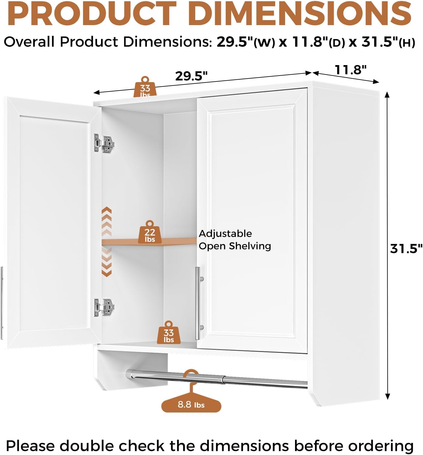 29.5'' Wall Cabinet with Towel Bar, Laundry Room Cabinets Wall Mounted, Bathroom Wall Cabinet, Adjustable Shelf, Shaker Door, White