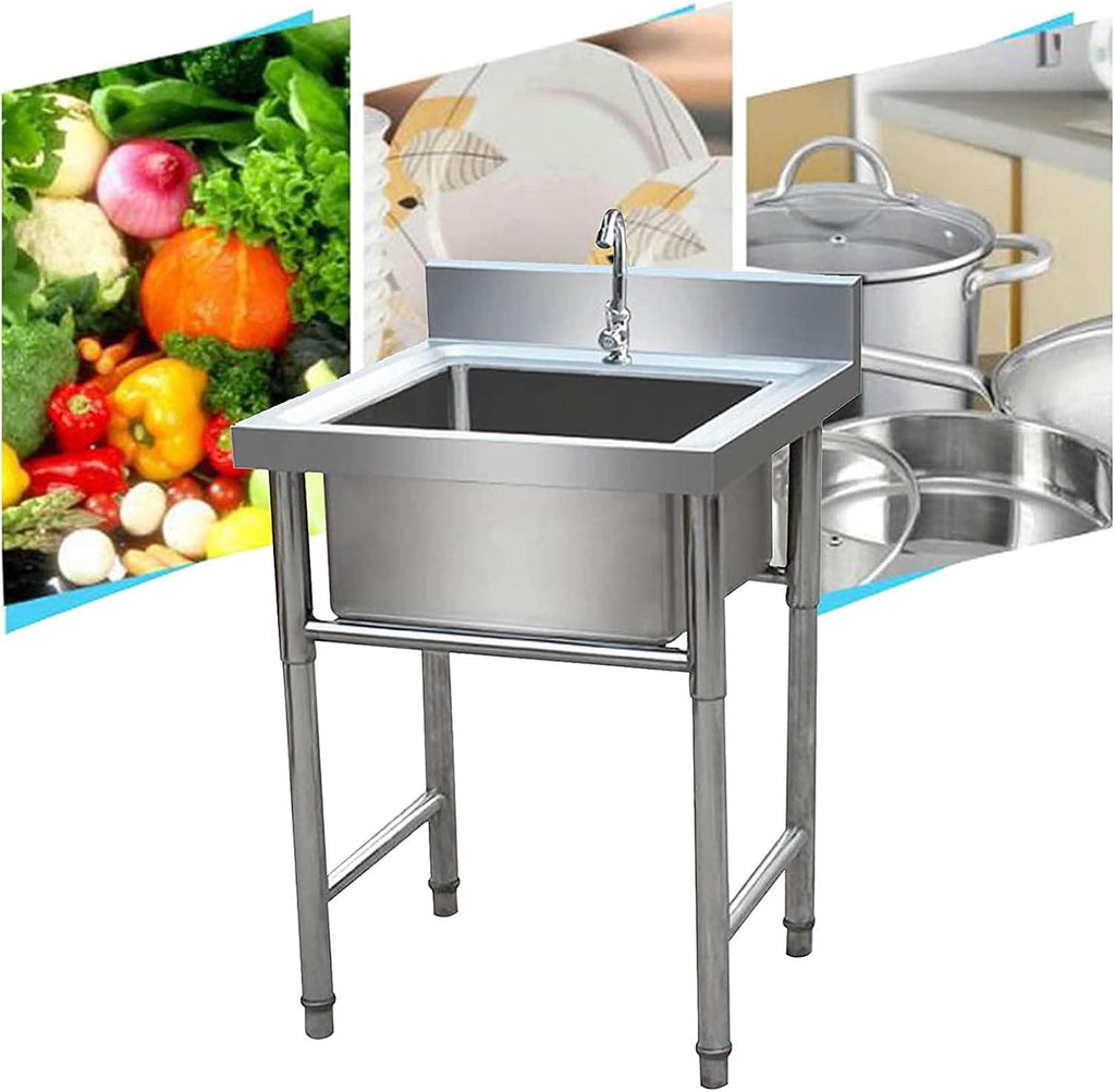 Single Bowl Sink Free Standing Stainless-Steel Kitchen Sink Set Commercial Sink for Restaurant, Bar, Laundry