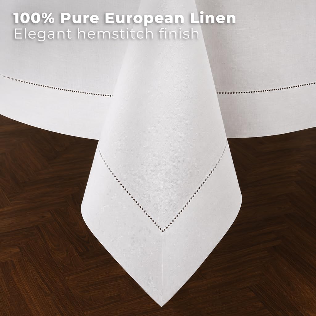 Signature Linen™ by D'Moksha White Tablecloth, Rectangle Tablecloth 60 x 120 Inch, 100% Pure Linen, Hemstitch, Machine Washable, Long Table Cloth- Summer