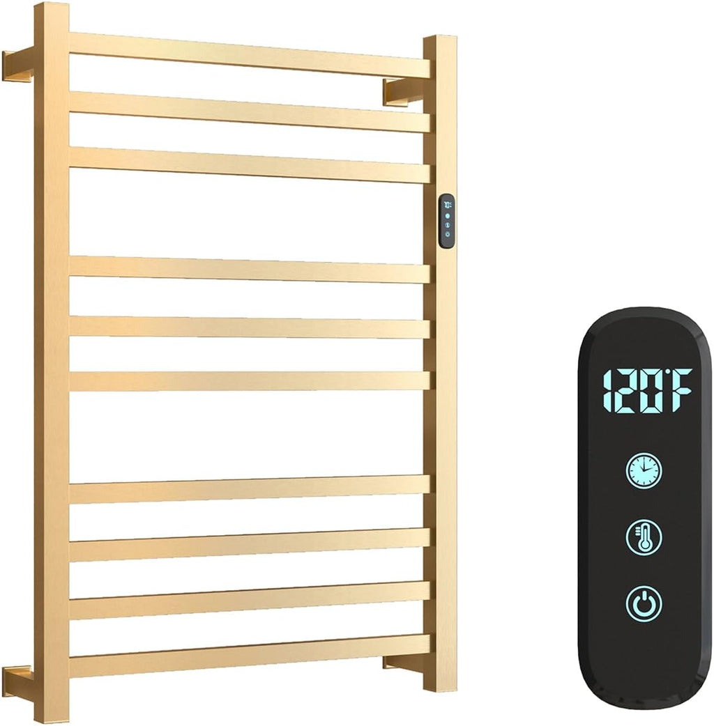Luxury Heated Towel Rack Wall Mounted Towel Warmers, 10 Bars Towel Warmer Rack for Bathroom with Timer & Temperature Multi-Level Adjustable, Hardwired and Plug-in Compatible (Brushed Gold)