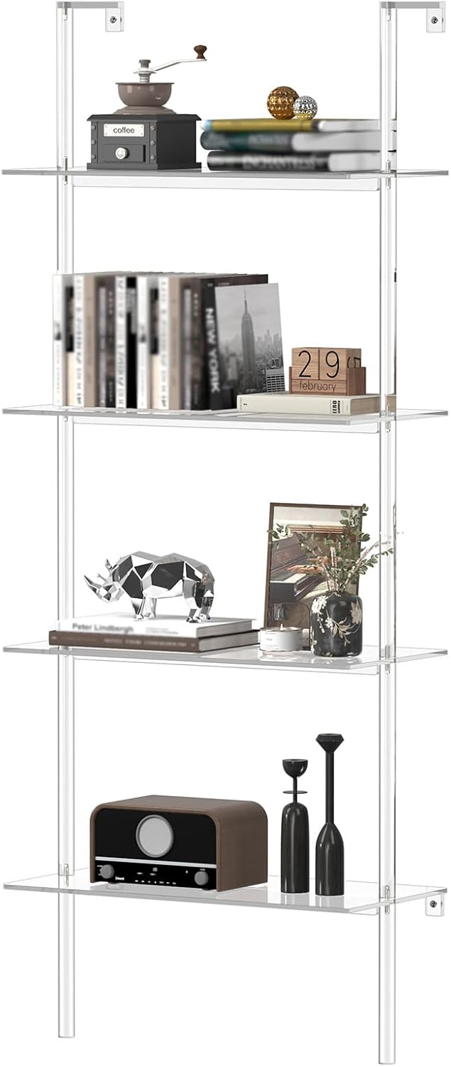 Acrylic Ladder Bookshelf, 4-Tier Clear Wall Mounted Bookshelf with Open Shelves, Multipurpose Bookcase for Living Room, Bathroom, Office, Modern, 11.6' D x 23.4' W x 59.4' H