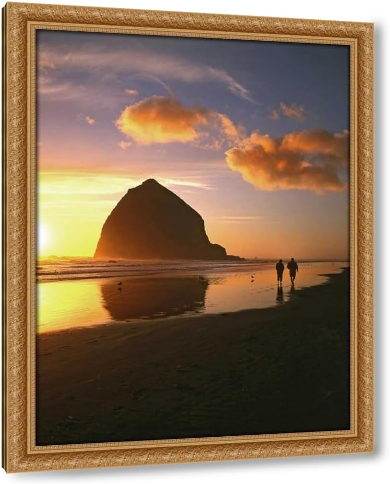 Terrill, Steve 19x24 Gold Ornate Framed Canvas Art Print Titled: OR, Cannon Beach Couple by Haystack Rock, sunset