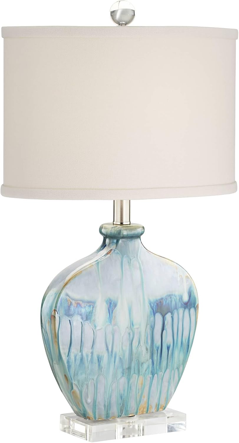 Possini Euro Design Mia 25' High Mid Century Modern Coastal Table Lamp Blue Drip Ceramic Single Off-White Shade Living Room Bedroom Bedside Nightstand House Office Home Kitchen (Colors May Vary)