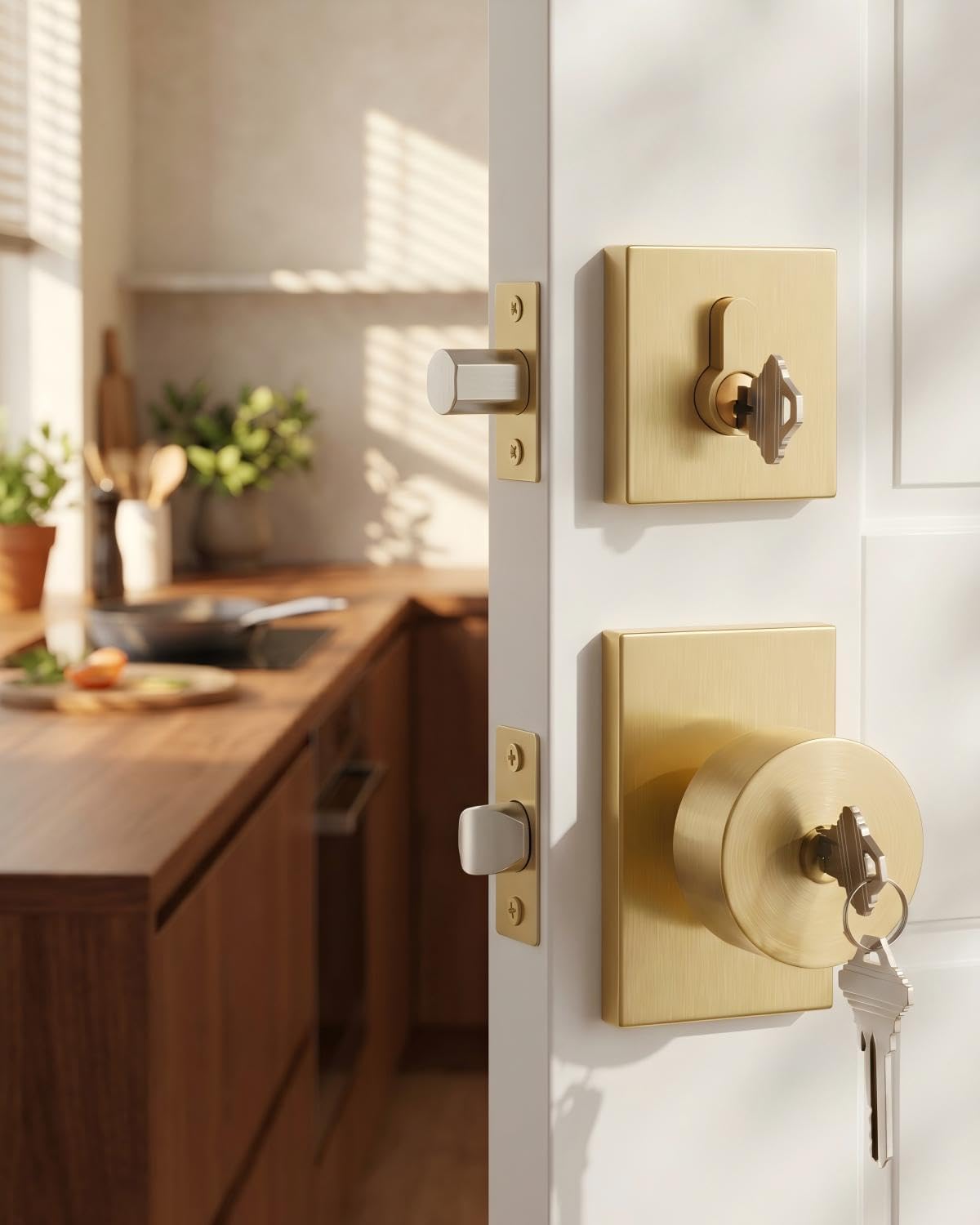 Haidms Gold Exterior Door Knob with Deadbolt, Zinc Alloy Brushed Gold Exterior Door Lock Set, Heavy Duty Brushed Brass Front Door Knob and Deadbolt Set with Lock and Key (3 Pack)