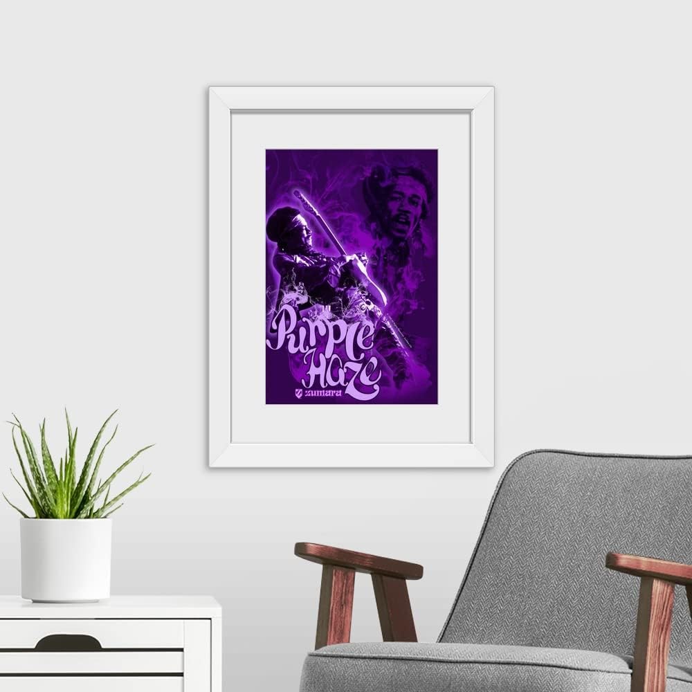 GREATBIGCANVAS Jimi Hendrix Purple Haze 4 White Framed Wall Art Print, Classic Rock Artwork