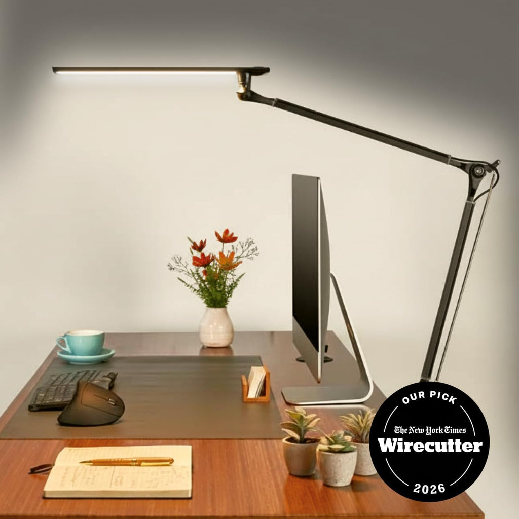 UPLIFT DESK E7 LED Desk Lamp - Adjustable 3 Color Modes, Dimmable Home Office Desk Light for Standing Desk, Dual Monitors, Aluminum Task Lamp (Silver Base)