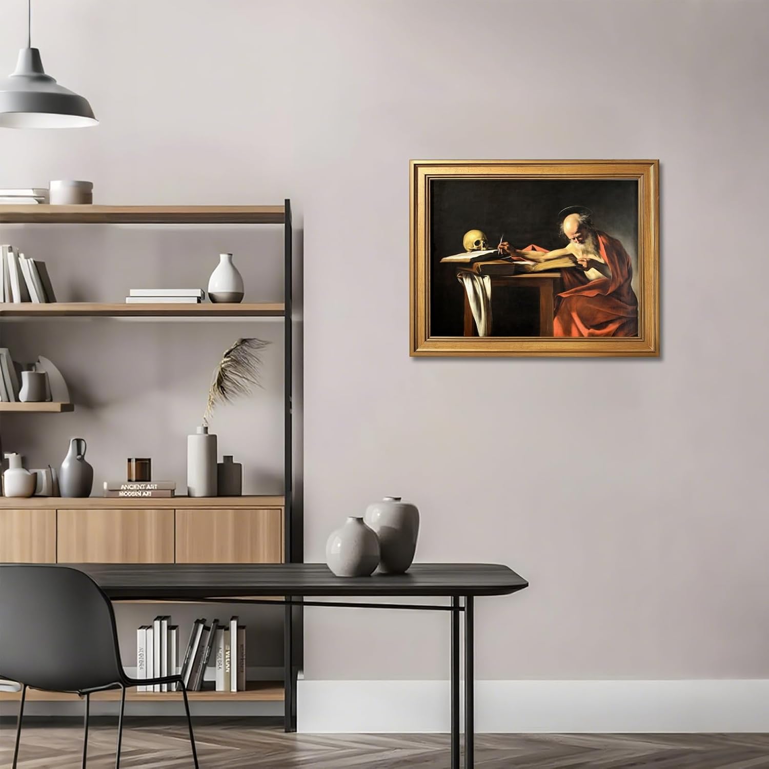 Saint Jerome Writing (1610) Caravaggio (Italian 1571 1610) Classical Religious Wall Art Poster Traditional Christian Posters Renaissance Inspired Decor Canvas Print Living Room 24X36inchGolden frame