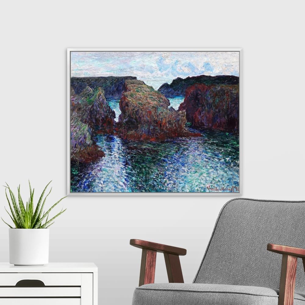 CANVAS ON DEMAND Rocks At Port-Goulphar, Belle-Ile White Float Framed Canvas Wall Art Print by Claude Monet, Classic, Impressionism, Traditional, Home Decor, Ocean Artwork,24' x20in