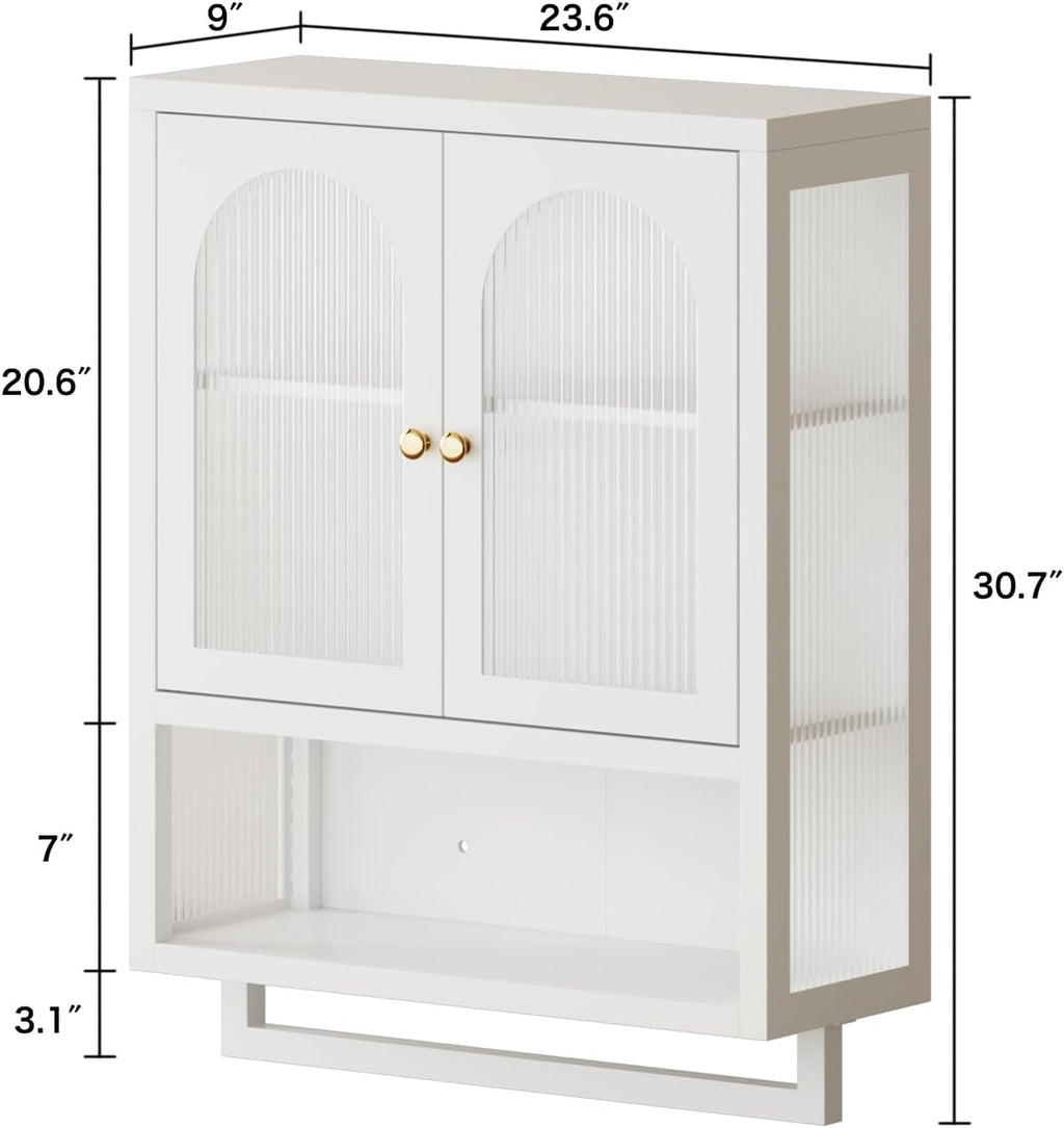 ALBAD Metal Bathroom Wall Cabinet with Fluted Glass Door and Towel Bar Wall-Mounted Medicine Cabinets Above the Toilet for Modern Bathroom, Kitchen, Garage, Laundry Room, White