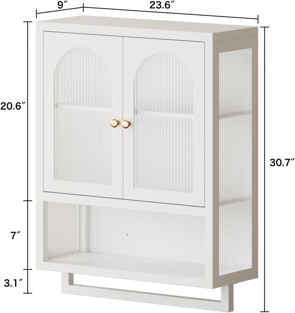 ALBAD Metal Bathroom Wall Cabinet with Fluted Glass Door and Towel Bar Wall-Mounted Medicine Cabinets Above the Toilet for Modern Bathroom, Kitchen, Garage, Laundry Room, White
