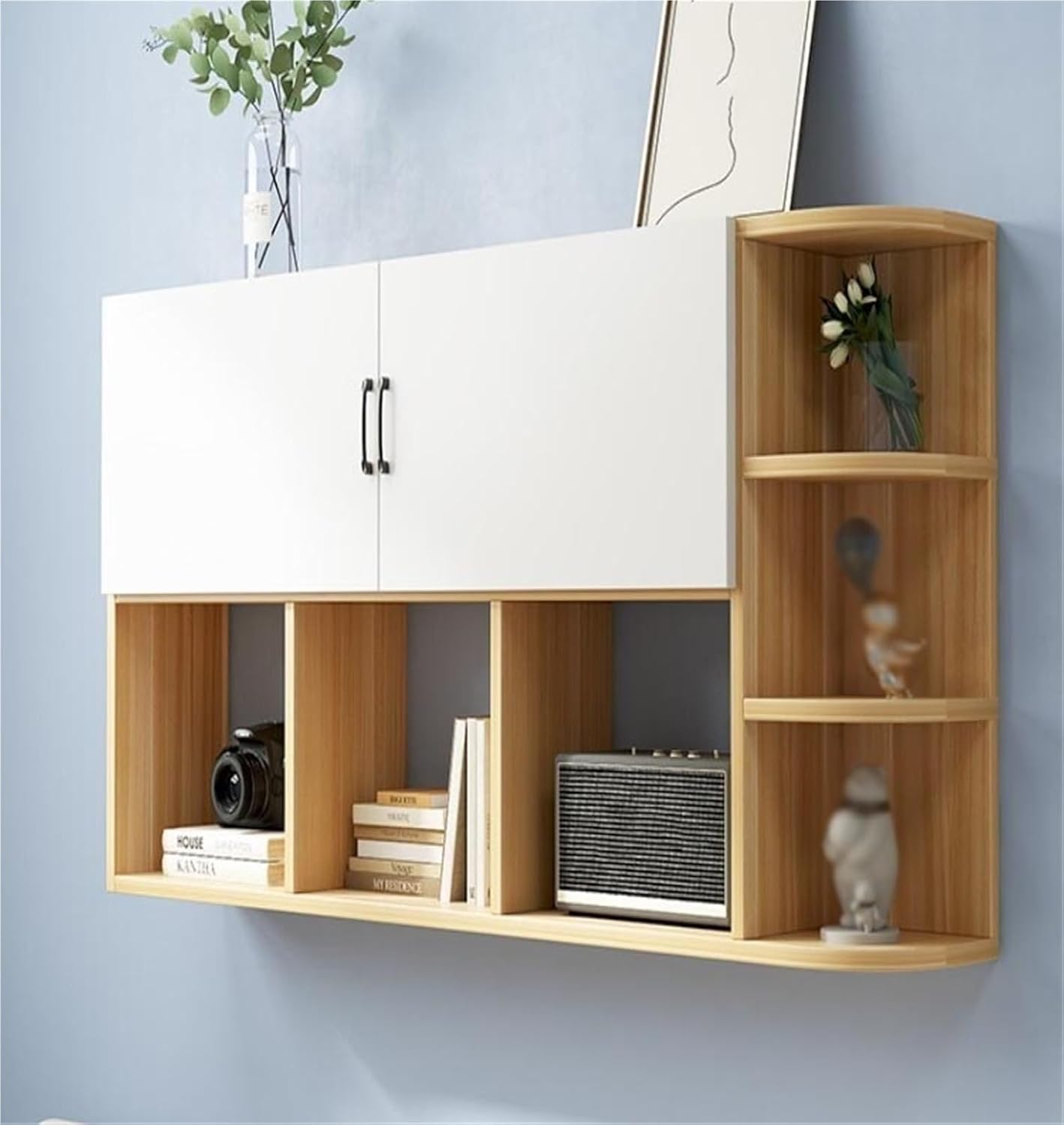 Wall Mounted Storage Cabinet with 2 Doors Floating Hanging Bookshelf with Open Shelves Simple Solid Wood Multi-Layer Racks for Home Office Living Room(Natural,120 cm)