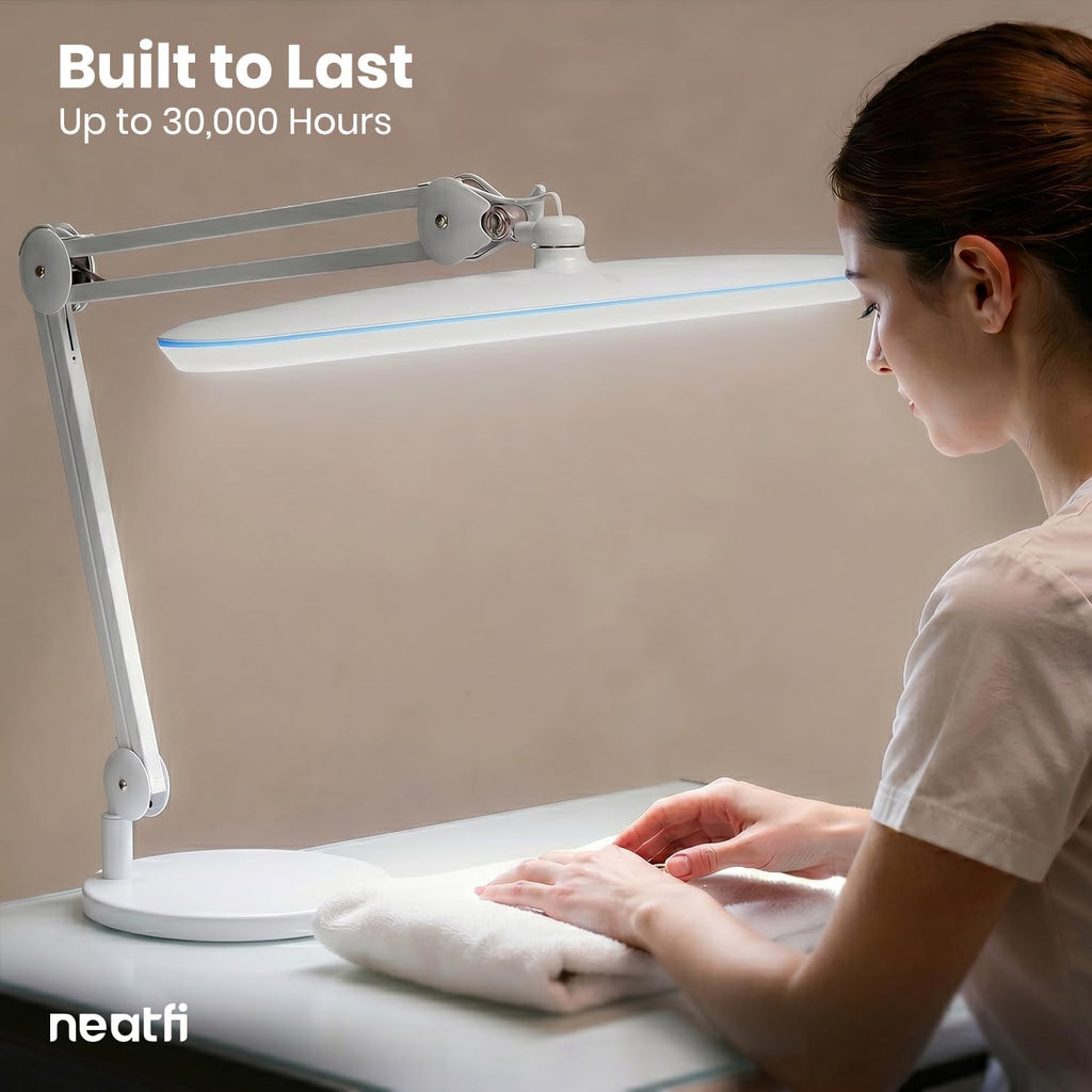 Neatfi XL 24W LED Desk Lamp – 2,200 Lumens | 23' Wide Shade | Dimmable Eye-Caring Task Light | Adjustable Arm | Office, Study, Crafting & Nail Techs (White, Non-CCT with Base)
