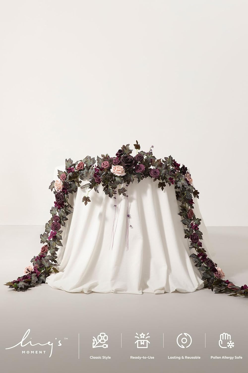 Ling's moment 9FT Flower Garland for Backdrop Decorations - Wedding Arch Flowers, Eucalyptus & Rose, Artificial Floral Garland for Mantle - Sweetheart Table Decor for Beach Reception, Purple