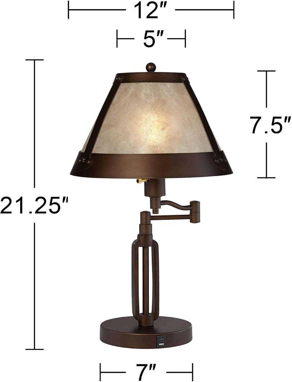 Franklin Iron Works Samuel 21 1/4' High Rustic Swing Arm Accent Table Lamp with USB Ports A+C Charging Bronze Natural Mica Shade for Living Room Bedroom House Bedside Nightstand Home Office Family